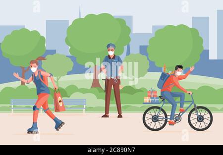 Mesures de protection contre la coronavirus. Personnes marchant à l'extérieur dans des masques protecteurs. Policier, fille sur patins à roulettes, et garçon expédition de marchandises vecteur illustration plate. Illustration de Vecteur