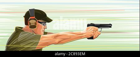 Tir de vecteur de pistolet. Visée. Homme tir cible canon debout. Instructeur de formation sur les armes à feu. Pistolet. Détective, policier ou soldat de marque. Illustration de Vecteur