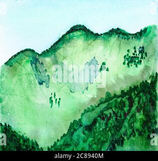 des montagnes vertes surcultivées en été peintes à la main par des peintures à l'aquarelle sur du papier blanc texturé Banque D'Images
