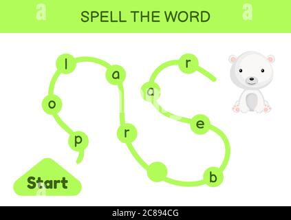 Labyrinthe pour les enfants. Modèle de jeu de mots d'orthographe. Apprenez à lire le mot ours polaire, feuille de travail imprimable. Page d'activité pour l'étude en anglais. Illustration de Vecteur
