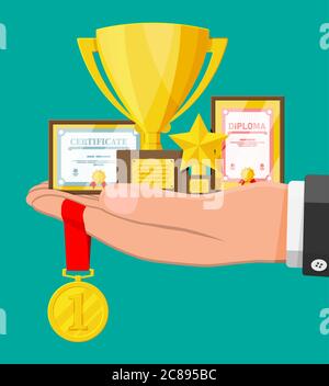 Collection de trophées et de récompenses en main. Diplôme et certificat en cadres. Prix de compétition, coupes et médailles. Récompense, victoire, but, réalisation de champion. Illustration vectorielle de style plat Illustration de Vecteur