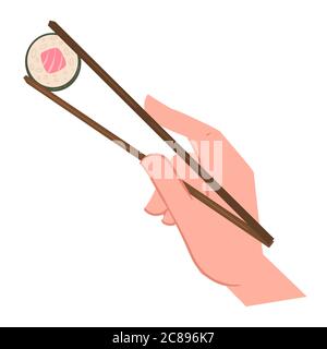 Des baguettes à la main avec des sushis, des fruits de mer au restaurant Illustration de Vecteur