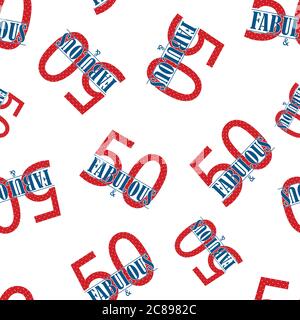 Cinquante et fabuleux texte fond de motif vectoriel sans couture. Typographie de style moderne bleu-rouge sur fond blanc. Imprimé Americana pour Illustration de Vecteur