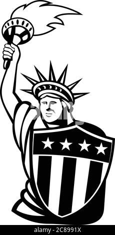 Illustration mascotte de Lady Liberty avec torche flamboyante et USA étoiles et rayures américaines bouclier vu de devant sur un arrière-plan isolé dans le style rétro Illustration de Vecteur