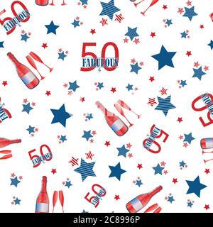 Cinquante et fabuleux fond de motif vectoriel sans couture. Toile de fond rouge, bleu, blanc avec texte dispersé, étoiles rayées, bouteilles de champagne, verres Illustration de Vecteur