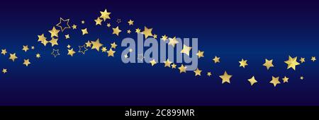 Étoiles volantes Golden réaliste isolées sur bleu. Luxe brillant peu aléatoire stellaire chute. Vague de petites étoiles 3D brillantes. Baptême doré décoratif Illustration de Vecteur