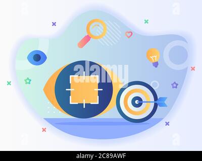 Focus objectif objectif concept flèche droite sur cible panneau central œil espion avec style plat. Illustration de Vecteur