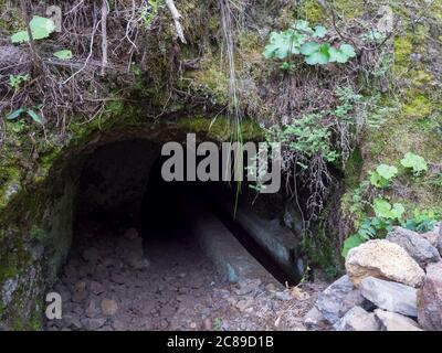 Entrée sombre au tunnel du canal d'eau levada sur le sentier de randonnée Casa del Monte à Los Tilos dans la mystérieuse forêt de Laurier. Magnifique réserve naturelle Banque D'Images