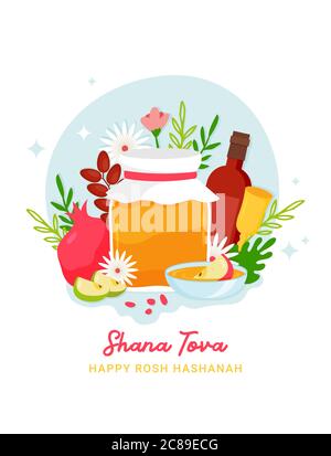 Rosh hashanah juif nouvel an carte de voeux design. Cartes de voeux avec symboles de vacances juives Rosh Hashana, nouvel an. Shana Tova - Illustration de Vecteur