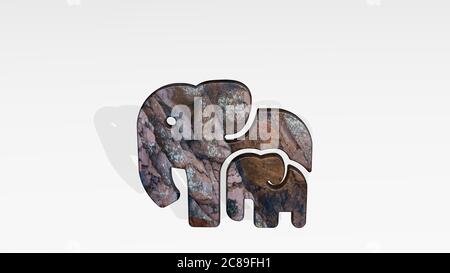 MÈRE ÉLÉPHANT moussant l'ombre avec deux lumières. Illustration 3D de la sculpture métallique sur fond blanc à texture douce. Animale et africaine Banque D'Images