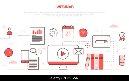 Concept de webinaire avec collection d'icônes comme la vidéo de jeu d'ordinateur chat livre de calendrier campagne de certificat réseau pour la page d'accueil de site Web Illustration de Vecteur