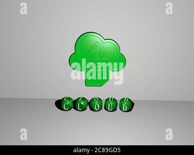 Représentation 3D du nuage avec icône sur le mur et texte disposé par des lettres métalliques cubes sur un sol miroir pour la signification du concept et la présentation du diaporama. Fond et bleu Banque D'Images