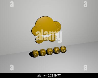 Représentation 3D du NUAGE avec icône sur le mur et texte disposé par des lettres métalliques cubes sur un sol miroir pour la signification du concept et la présentation du diaporama. Fond et bleu Banque D'Images