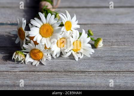 bouquet de pâquerettes sur table en bois gris, style rustique Banque D'Images