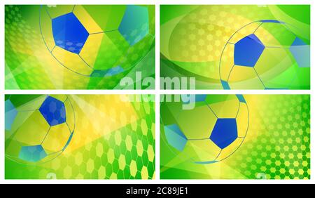 Ensemble de quatre décors abstraits de football ou de football avec une grosse balle aux couleurs nationales du Brésil Illustration de Vecteur