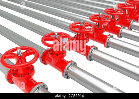 Lignes de canalisations de gaz avec vannes sur fond blanc. Rendu 3d Banque D'Images