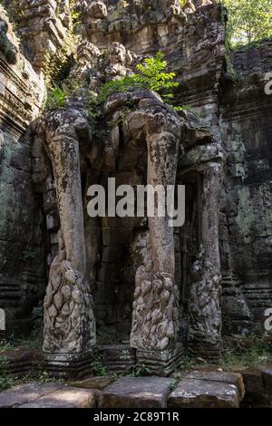 De belles structures sculptées anciennes et des portes d'entrée aux temples d'Angkor Wat Cambodge Banque D'Images