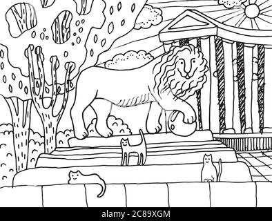 Monument avec lion et chats sur lui à Odessa. Paysage urbain avec colonnade - page de coloriage vectoriel pour adultes. Illustration dessinée à la main pour colorier bo Illustration de Vecteur