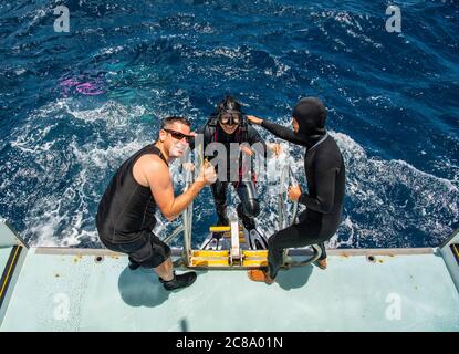 deux amis qui aident le plongeur à rentrer à bord du bateau de plongée Banque D'Images