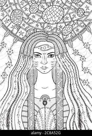 Fille de chaman boho avec cheveux fleuris et gouttes d'eau sur fond de plante Illustration de Vecteur