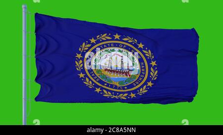 Drapeau d'état du New Hampshire agitant dans le vent sur fond vert écran. illustration 3d Banque D'Images