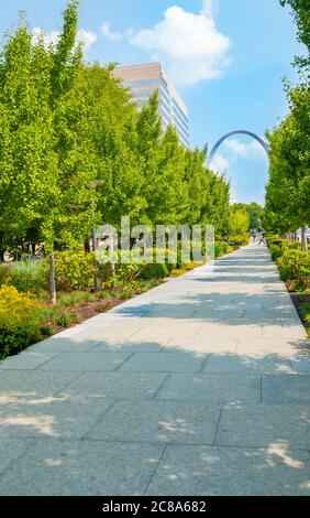 St Louis USA - 2 septembre 2014 : arbres et jardins ginko bordent et ombragent le parc des jardins de la ville de St Louis avec le célèbre Gateway Arch à di Banque D'Images