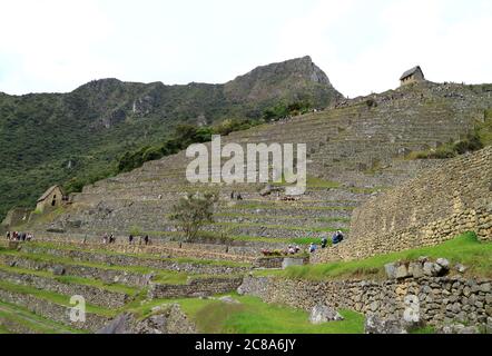 Groupe de visiteurs explorant les ruines de l'ancienne Inca de Machu Picchu, site classé au patrimoine mondial de l'UNESCO dans la région de Cusco au Pérou Banque D'Images