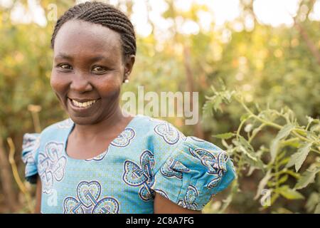 Portrait d'une femme africaine avec des tresses et une robe bleue - comté de Makueni, Kenya, Afrique de l'est. Banque D'Images