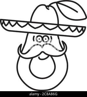 Avocat avec chapeau sombrero et visage avec moustache dessin animé symbole de ligne vectorielle. Symbole de contour de la nourriture saine mexicaine Illustration de Vecteur