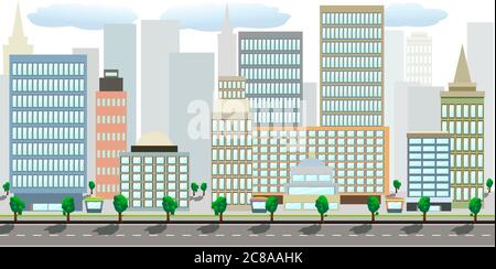 Paysage urbain moderne de dessins animés à ciel plat avec autoroute et trottoir et arbres verts sur le devant et différents bâtiments - en bas ville, avec gratte-ciel, magasins A. Illustration de Vecteur