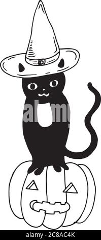 Chat noir avec chapeau et citrouille. Illustration Halloween Illustration de Vecteur