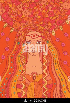 Chaman boho fille indienne avec fleurs et cheveux goutte d'eau sur fond de plante. Page de couleur vectorisation dessinée à la main Illustration de Vecteur