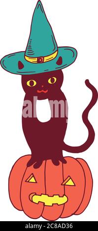 Chat noir avec chapeau et citrouille. Illustration Halloween Illustration de Vecteur
