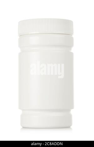 flacon en plastique blanc pour pilules isolées sur blanc Banque D'Images