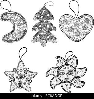 Ensemble de décoration de Noël pour arbre de noël - étoile, lune, soleil, coeur et arbre de noël. Page de coloriage - collection. Illustration vectorielle Illustration de Vecteur