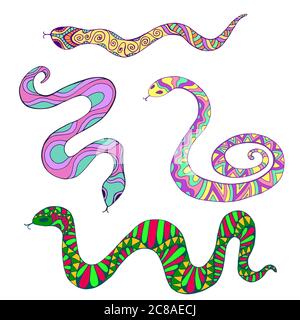 Collection de serpents ethniques colorés décoratifs, isolés sur fond blanc. Illustration vectorielle dessinée à la main avec des reptiles. Animaux abstraits dans la griffée Illustration de Vecteur