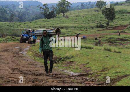 Nakuru, Kenya. 18 juillet 2020. Un homme ferrys des feuilles de fer qu'il a sauvées après la démolition de sa maison.le gouvernement du Kenya expulse avec force les gens qui se seraient installés sur des terres forestières gazoussées pour ouvrir la voie au reboisement. Des plaintes généralisées ont été déposées sur la façon dont le gouvernement traite la question. Les organisations de droits de l'homme ont dénoncé la force brute exercée sur les personnes qui résidaient prétendument sur les terres forestières, essentiellement des pauvres, terrant l'exercice injuste et illégal. Crédit : James Wakibia/SOPA Images/ZUMA Wire/Alay Live News Banque D'Images