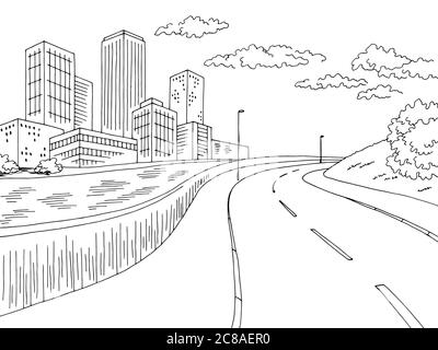 Ville rivière graphique noir route blanche rue paysage urbain croquis vecteur d'illustration Illustration de Vecteur