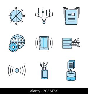 Design de l'ensemble d'icônes de style de remplissage et de ligne Big Data, système de sécurité de base du centre d'hébergement Web et illustration du vecteur matériel Illustration de Vecteur