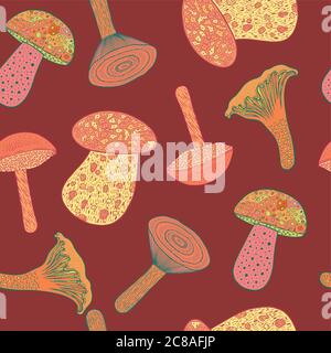 Motif sans couture avec champignons sur fond sombre Illustration de Vecteur