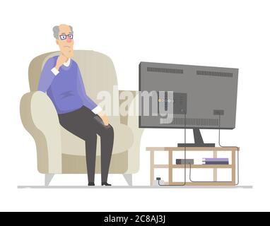 Homme senior regardant la télévision - illustration de style plat Illustration de Vecteur