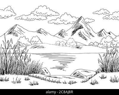 Mountain Lake graphique noir blanc paysage dessin illustration vecteur Illustration de Vecteur