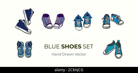 Baskets chaussures isolées. Jeu de chaussures bleues pour illustrations vectorielles dessinées à la main. Chaussures de sport dessinées à la main pour logo, affiche, carte postale, mode brochure Illustration de Vecteur