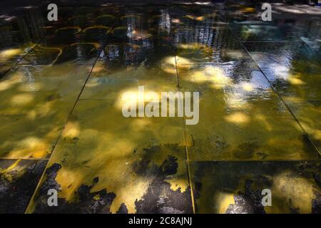 Une piscine de peinture jaune attend d'être délavée tandis que les membres du département de l'assainissement de la ville de New York retirent un panneau peint sur le trottoir laissé derrière par les membres de l'hôtel de ville d'Occupy, après un raid de police avant l'aube a enlevé le campement à City Hall Park, À New York, NY, le 22 juillet 2020. La manifestation monthlong, qui a commencé comme une protestation contre la brutalité policière, s'est transformée en un campement sans abri, des installations sanitaires ont nettoyé et assaini la zone, en éliminant les graffitis des trottoirs, des clôtures et des parties de nettoyage du parc où les gens dormaient. (Anthony Behar/Sipa États-Unis) Banque D'Images