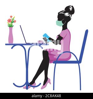 Indépendant, étudiant ou femme d'affaires en masque assis sur une chaise et travaillant sur un ordinateur portable dans un café ou à la maison. Illustration de Vecteur