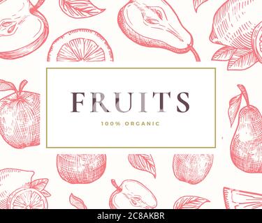 Carte d'illustration des fruits dessinés à la main. Résumé Vector dessiné à la main le citron, l'orange, la pomme et la poire esquisses arrière-plan avec Typographie rétro élégante. Illustration de Vecteur