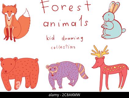 Dessin d'animaux par les enfants. Collection Doodle de pages de coloriage amusantes pour enfants. Illustration de Vecteur