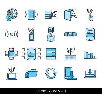 Design de l'ensemble d'icônes de style de remplissage et de ligne Big Data, système de sécurité de base du centre d'hébergement Web et illustration du vecteur matériel Illustration de Vecteur