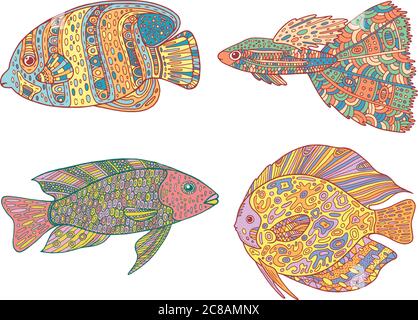 Poissons en zentangle Doodle - ensemble. Page de coloriage d'art Zen pour adultes - collection Illustration de Vecteur