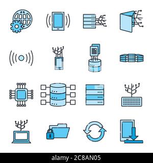 Design de l'ensemble d'icônes de style de remplissage et de ligne Big Data, système de sécurité de base du centre d'hébergement Web et illustration du vecteur matériel Illustration de Vecteur